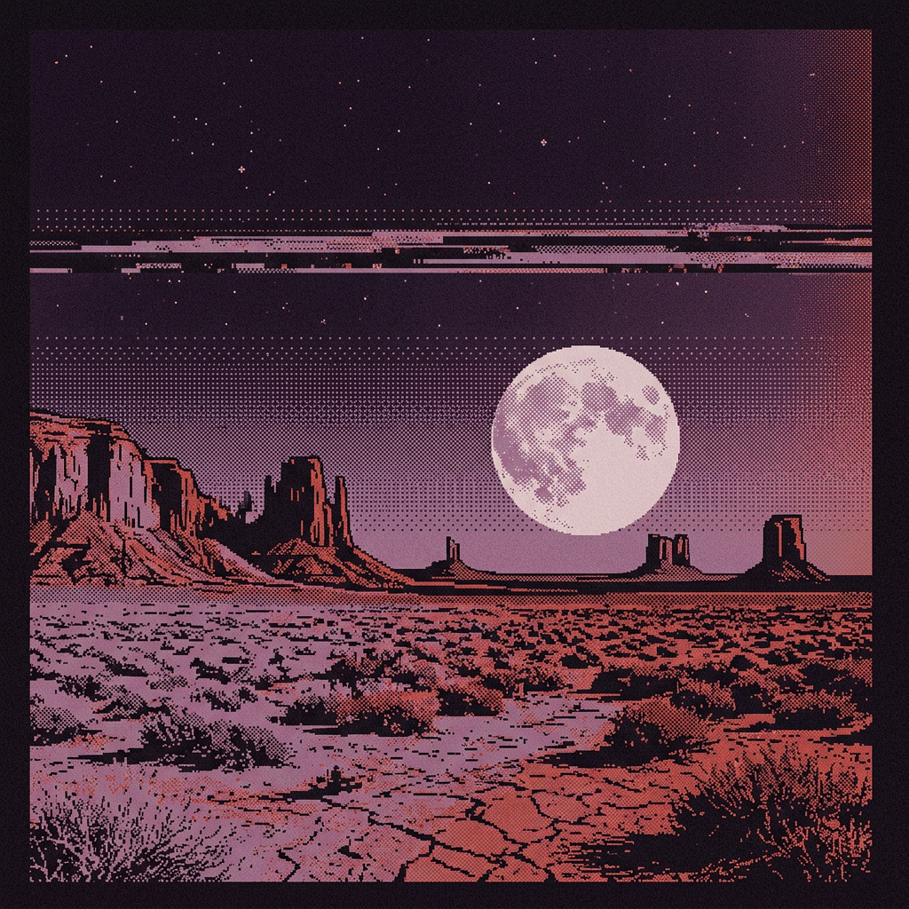 Dithered pixel-art desert at night with a large full moon over rock mesas, in mauve and burnt red. An illustration, not a photograph.