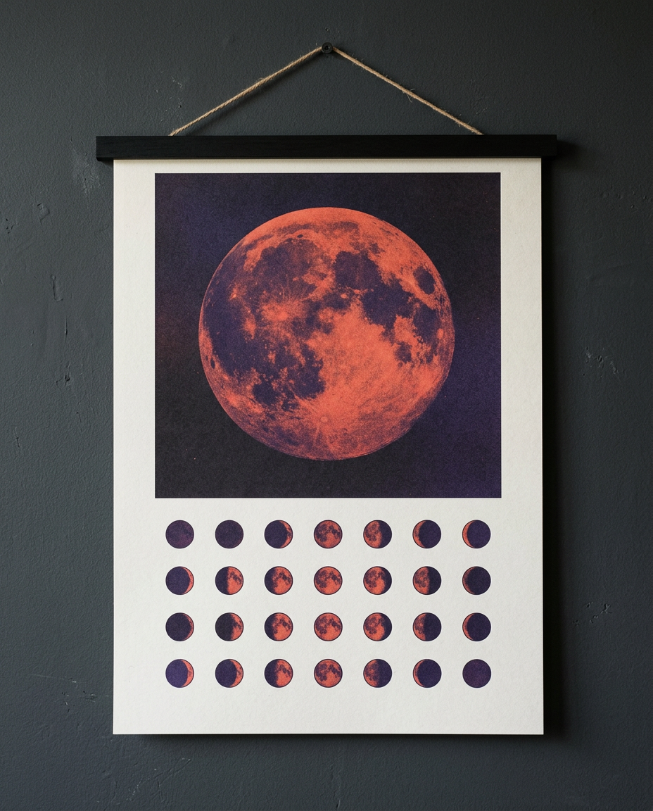 Generated illustration of a printed wall calendar page hanging on a dark wall: a large orange moon above a grid of 28 moon-phase discs.